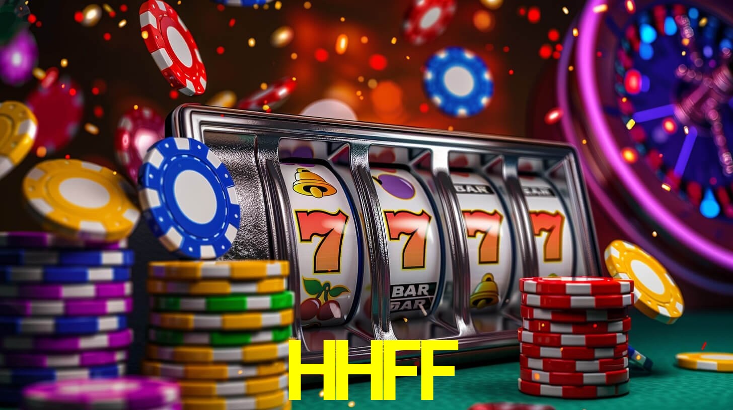 Escena dinámica inspirada en casino con iluminación HHFF, cartas, fichas e íconos de juegos digitales en un espacio moderno de juegos.